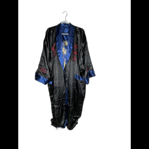 Men's Robe Kimono Reversible Embroidered Dragon Asian  Black & Blue No Belt - Picture 12 of 16
